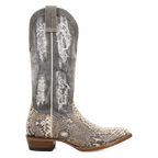 Cowboy boot with snake print pattern on a white background