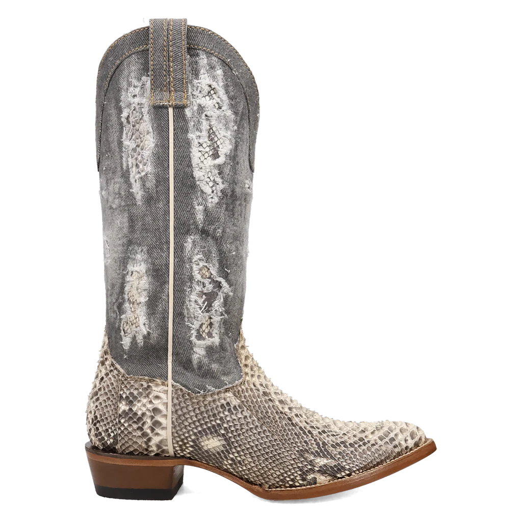 Cowboy boot with snake print pattern on a white background