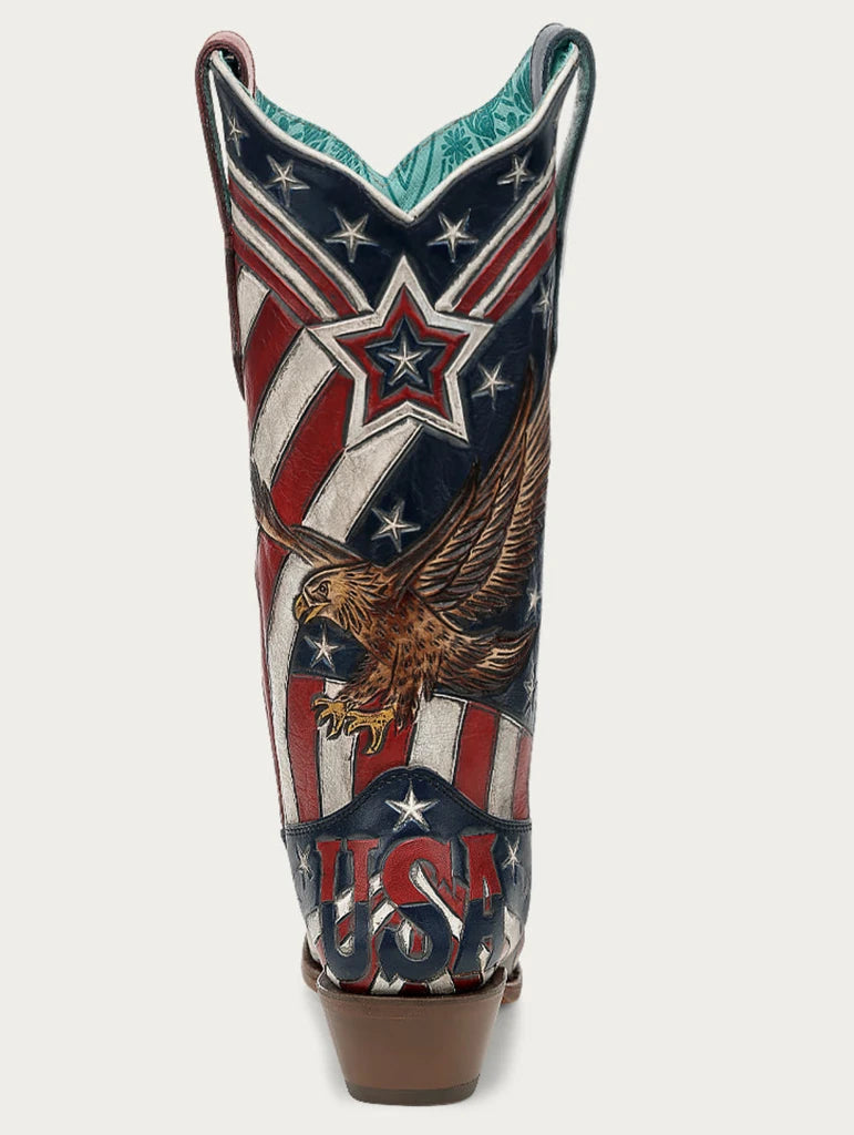 Cowboy boot with American flag and eagle design on a white background