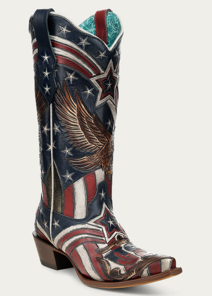 Cowboy boot with American flag and eagle design on a white background