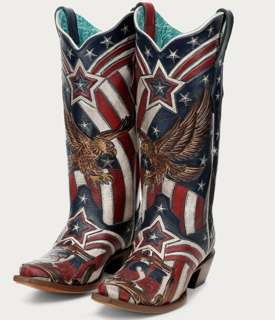 Cowboy boots with American flag and eagle design on a white background