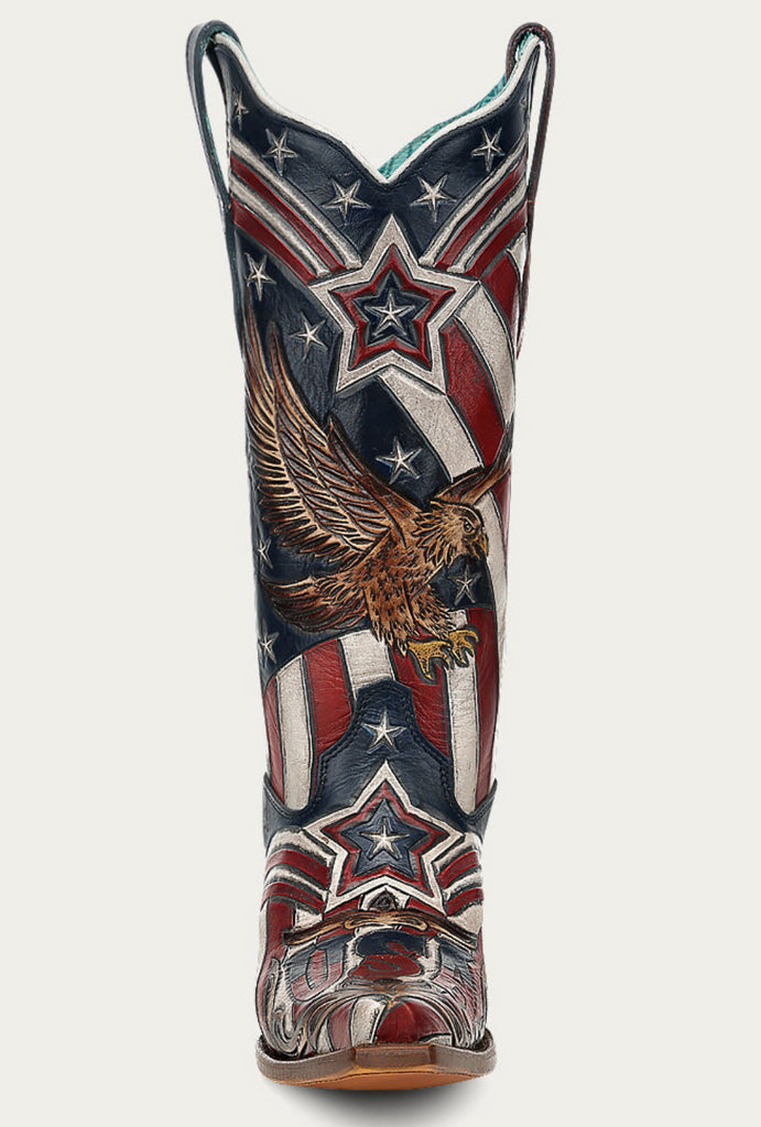 Cowboy boot with American flag and eagle design on a white background