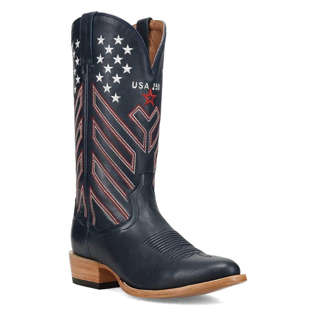 Black cowboy boot with American flag design on a white background