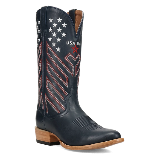Black cowboy boot with American flag design on a white background