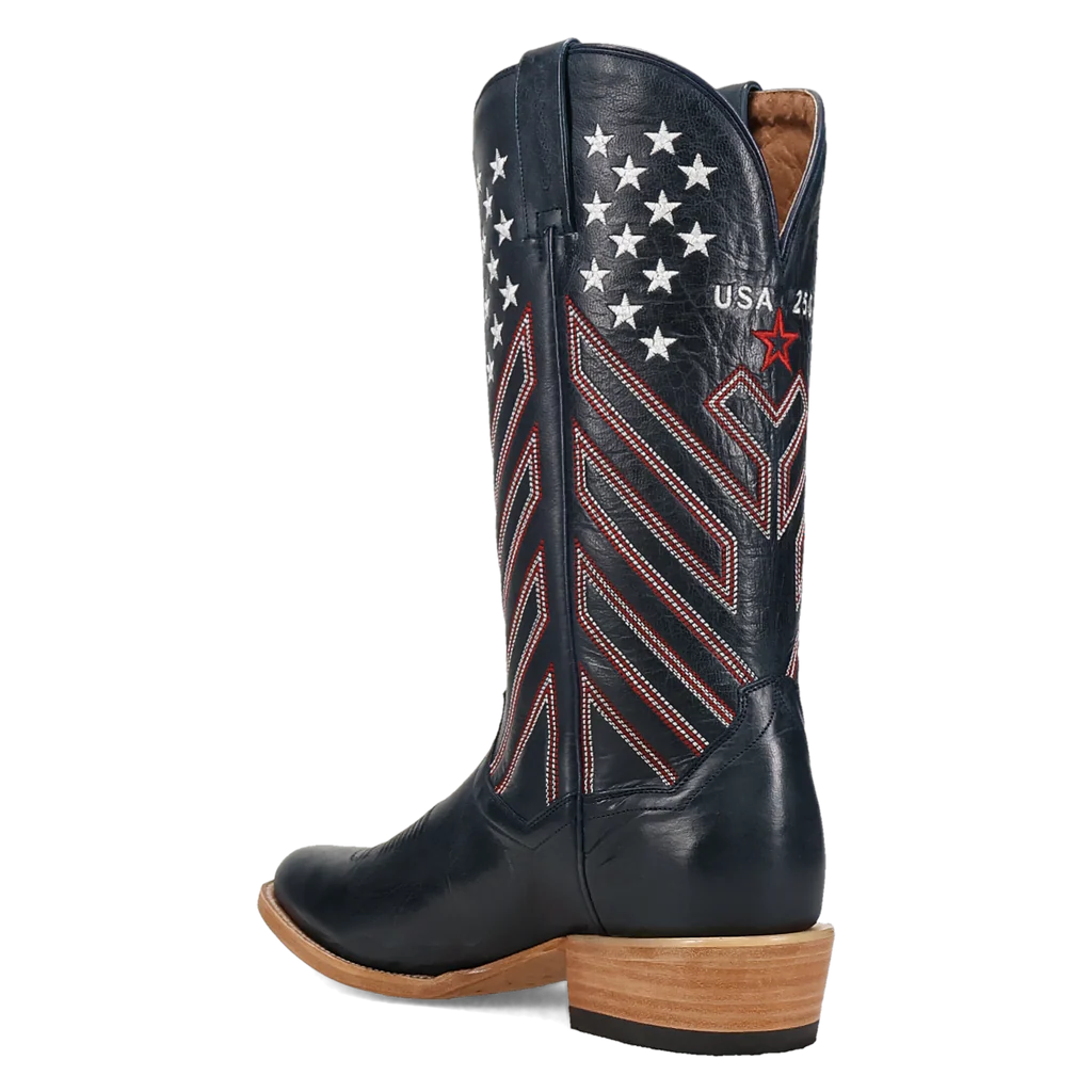 Black cowboy boot with American flag design on a white background
