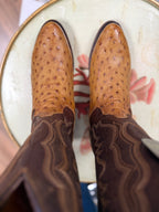 Brown and tan cowboy boot on a round white surface with a blurred store background