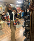 Black Floral Print Quilted Fleece Lined Buttoned Jacket