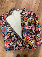 Black Floral Print Quilted Fleece Lined Buttoned Jacket