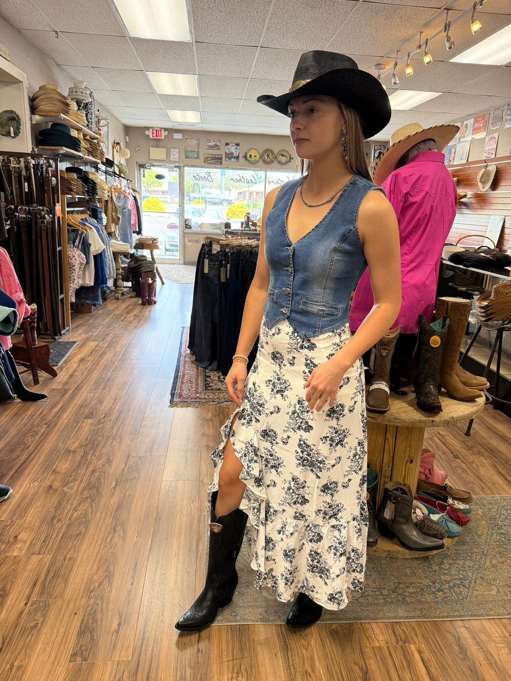Black Floral High Waist Ruffle Split Maxi Skirt