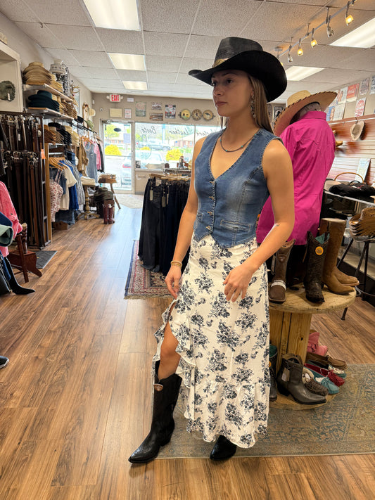 Black Floral High Waist Ruffle Split Maxi Skirt