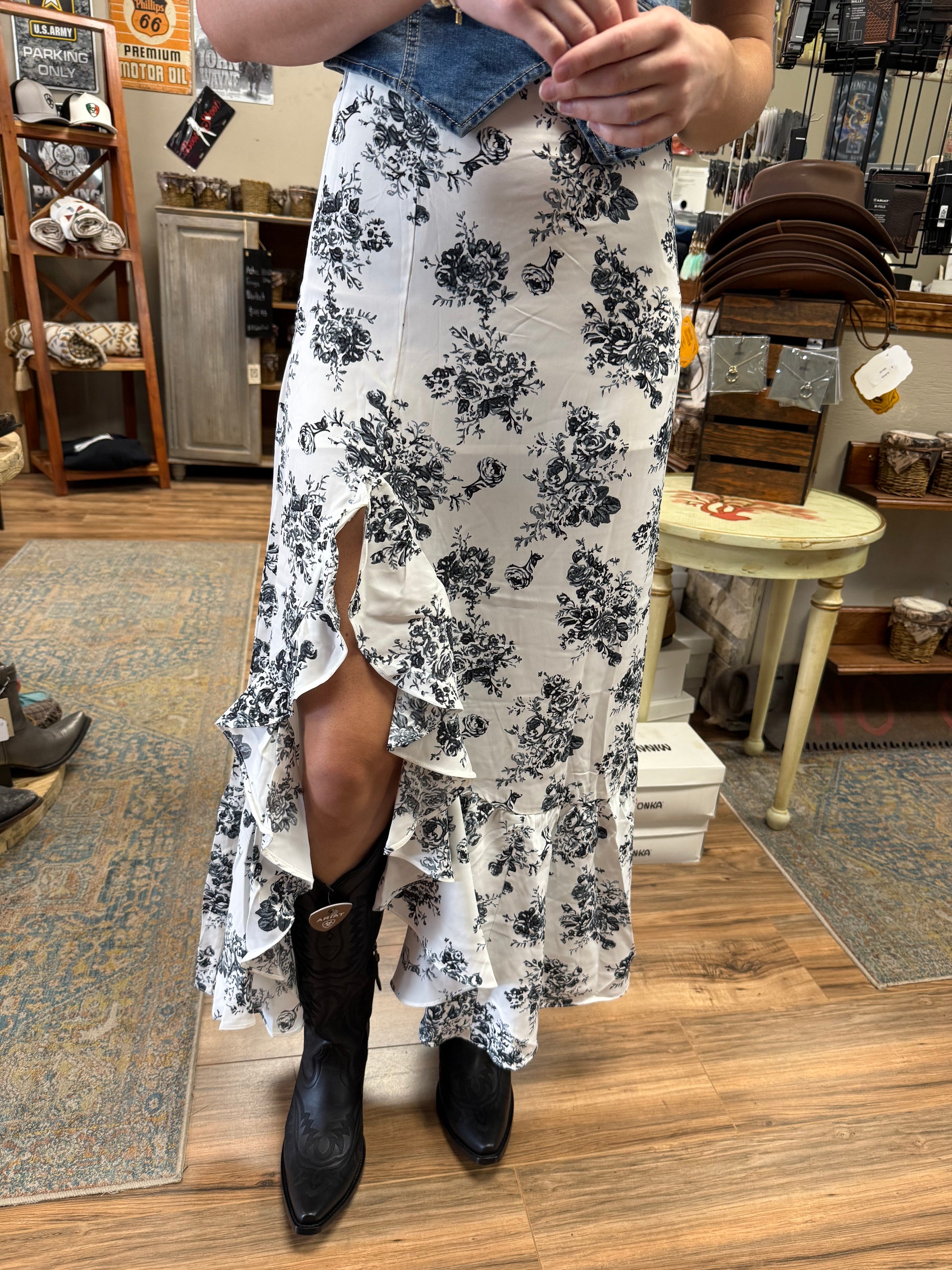 Black Floral High Waist Ruffle Split Maxi Skirt