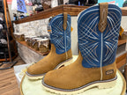 Pair of brown and blue cowboy boots on display in a store.