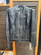 Black leather jacket on a hanger with a visible brand tag against a wooden background