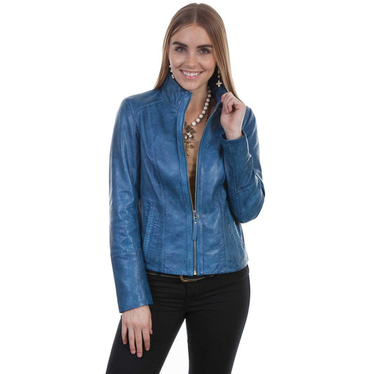 Woman wearing a blue leather jacket on a white background