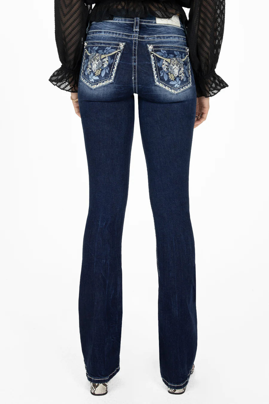 Miss Me Laser Leaves Longhorn Mis-Rise Bootcut Jeans