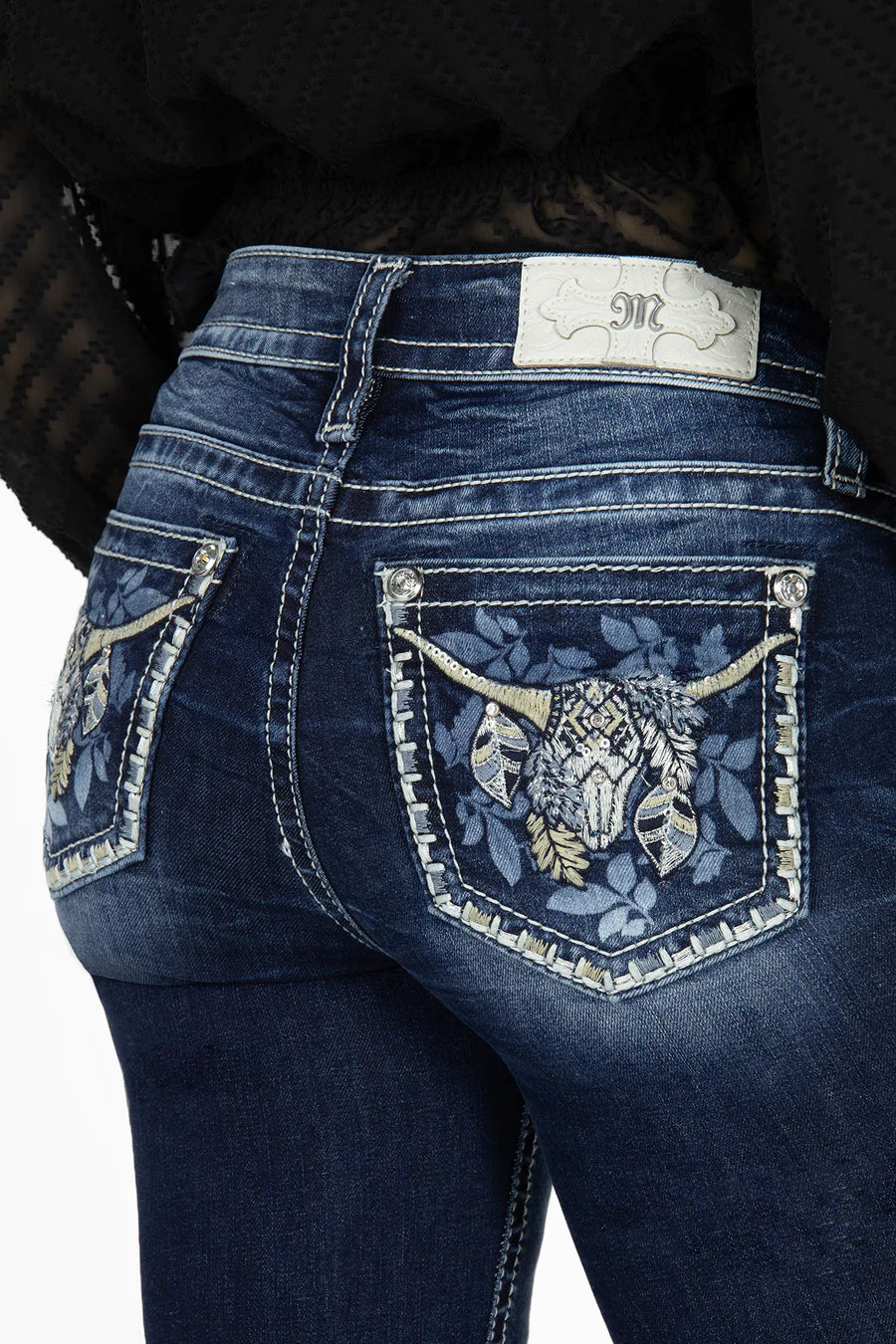 Miss Me Laser Leaves Longhorn Mis-Rise Bootcut Jeans