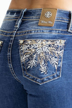 Miss Me Women's Dark Wash Mid Rise Floral Pocket Stretch Bootcut Jeans M9363BL