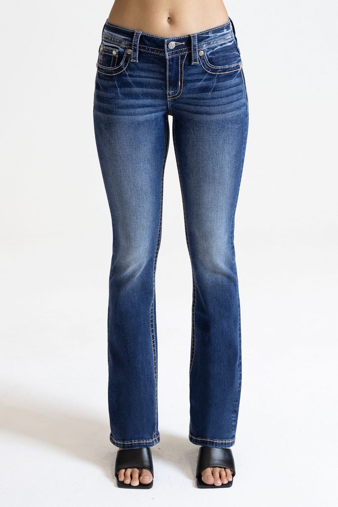 Miss Me Women's Dark Wash Mid Rise Floral Pocket Stretch Bootcut Jeans M9363BL