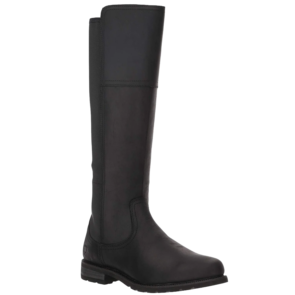 A single black leather knee-high riding boot shown from a side profile against a plain white background.