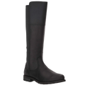A single black leather knee-high riding boot shown from a side profile against a plain white background.
