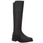 A single black leather knee-high riding boot shown from a side profile against a plain white background.