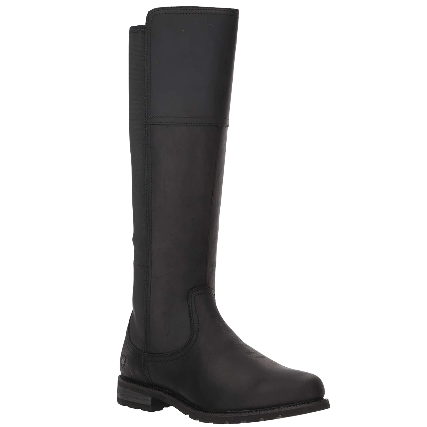 A single black leather knee-high riding boot shown from a side profile against a plain white background.