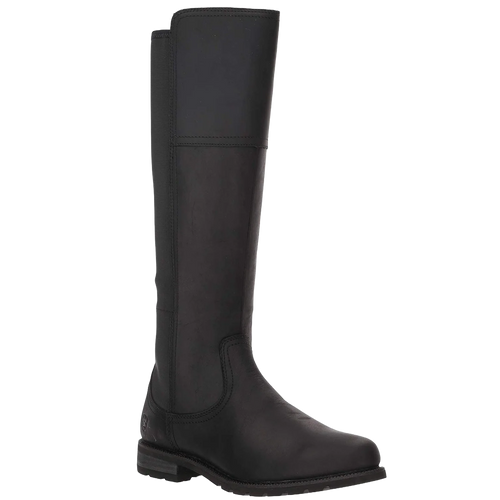 A single black leather knee-high riding boot shown from a side profile against a plain white background.