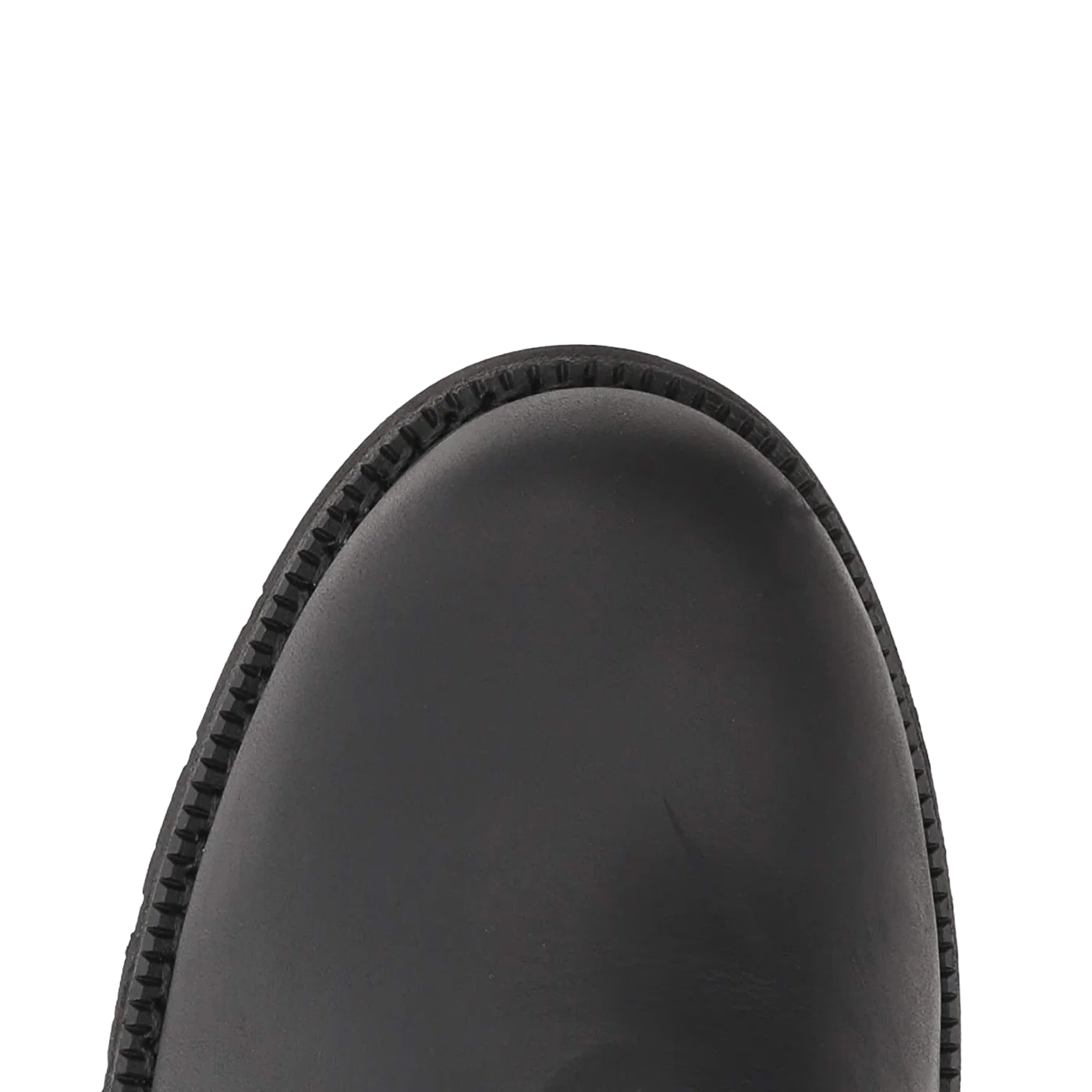Close-up of the rounded toe of a black leather boot against a solid white background.