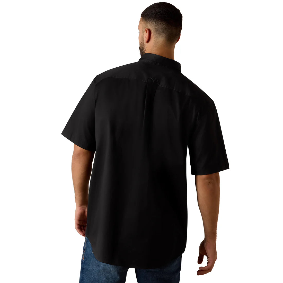 Man wearing a black short-sleeve shirt on a white background