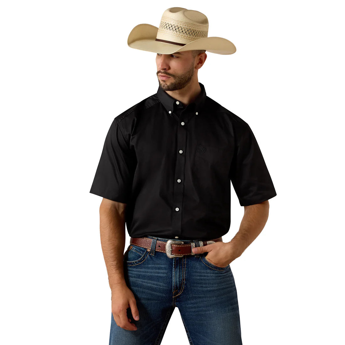 Man wearing a black shirt, blue jeans, and a straw cowboy hat on a white background