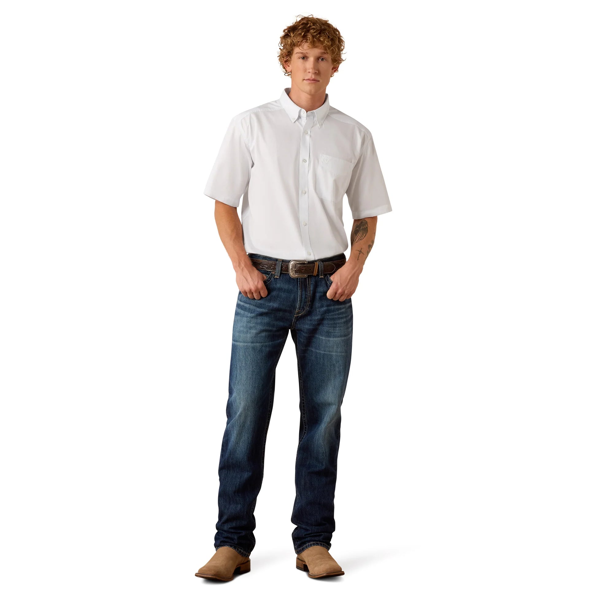 Man wearing a white shirt and blue jeans on a white background
