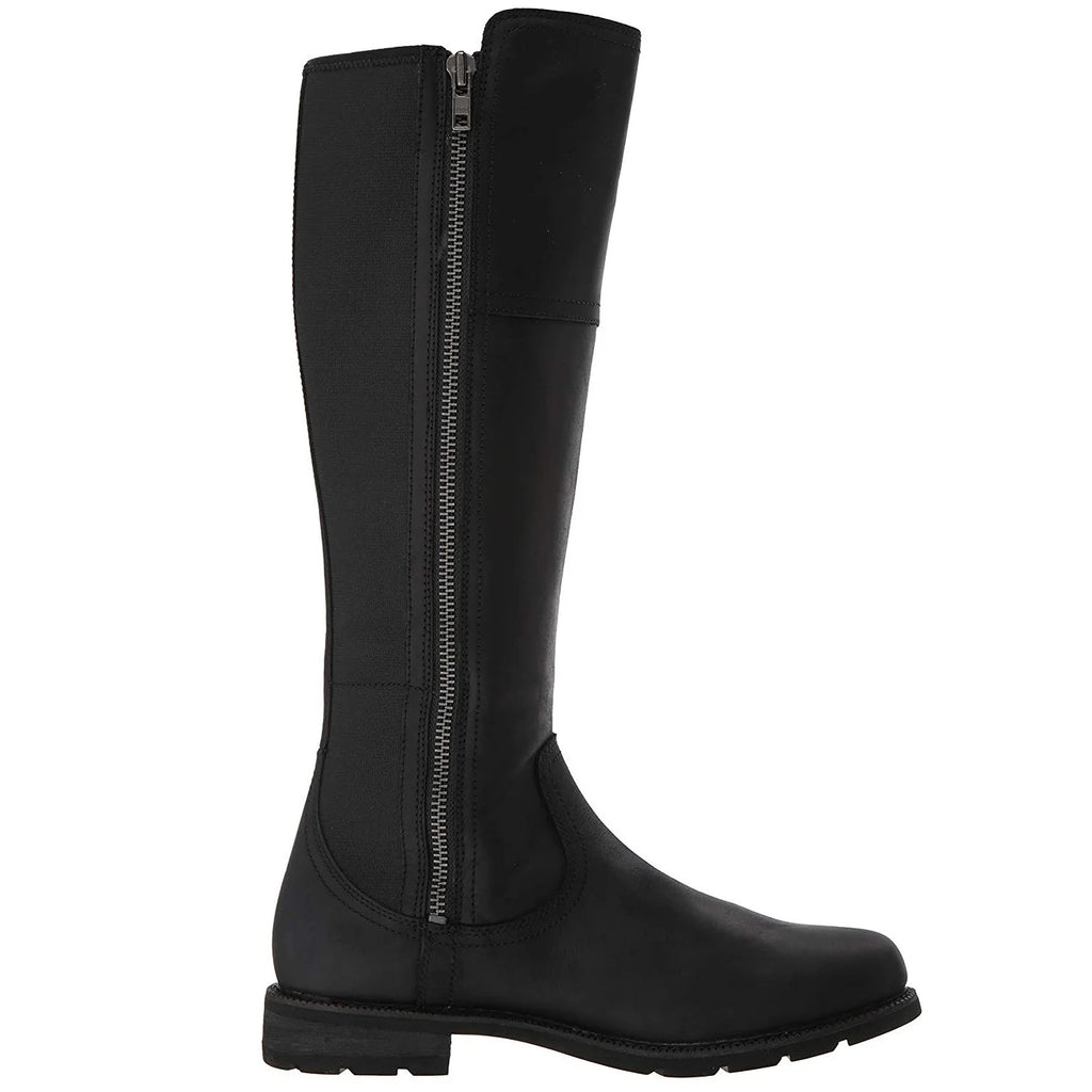 A single black knee-high riding boot with a side zipper, shown in profile against a plain white background.