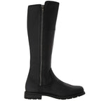 A single black knee-high riding boot with a side zipper, shown in profile against a plain white background.