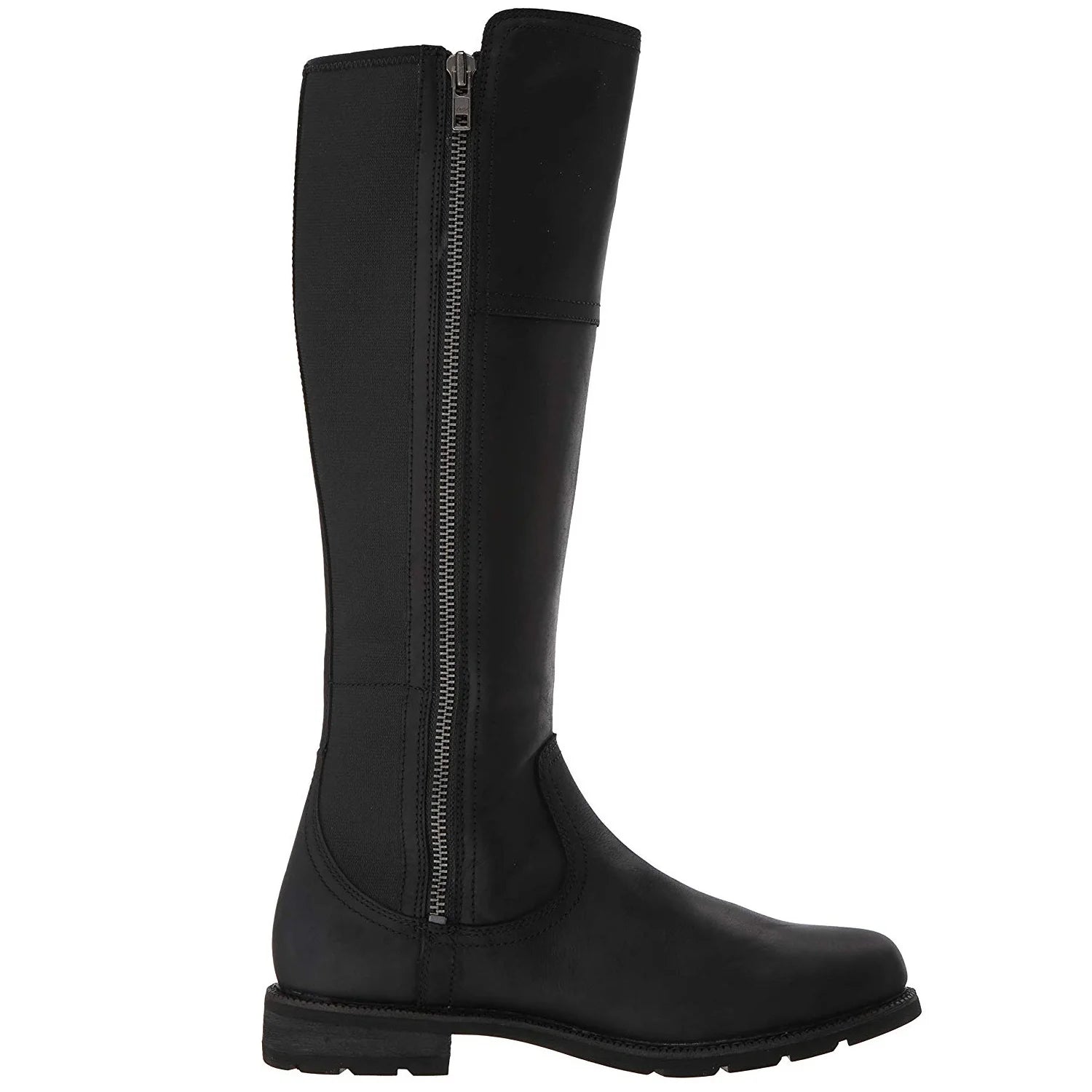 A single black knee-high riding boot with a side zipper, shown in profile against a plain white background.
