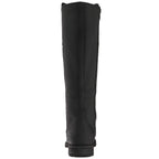 A single black knee-high leather boot shown from the back against a plain white background.