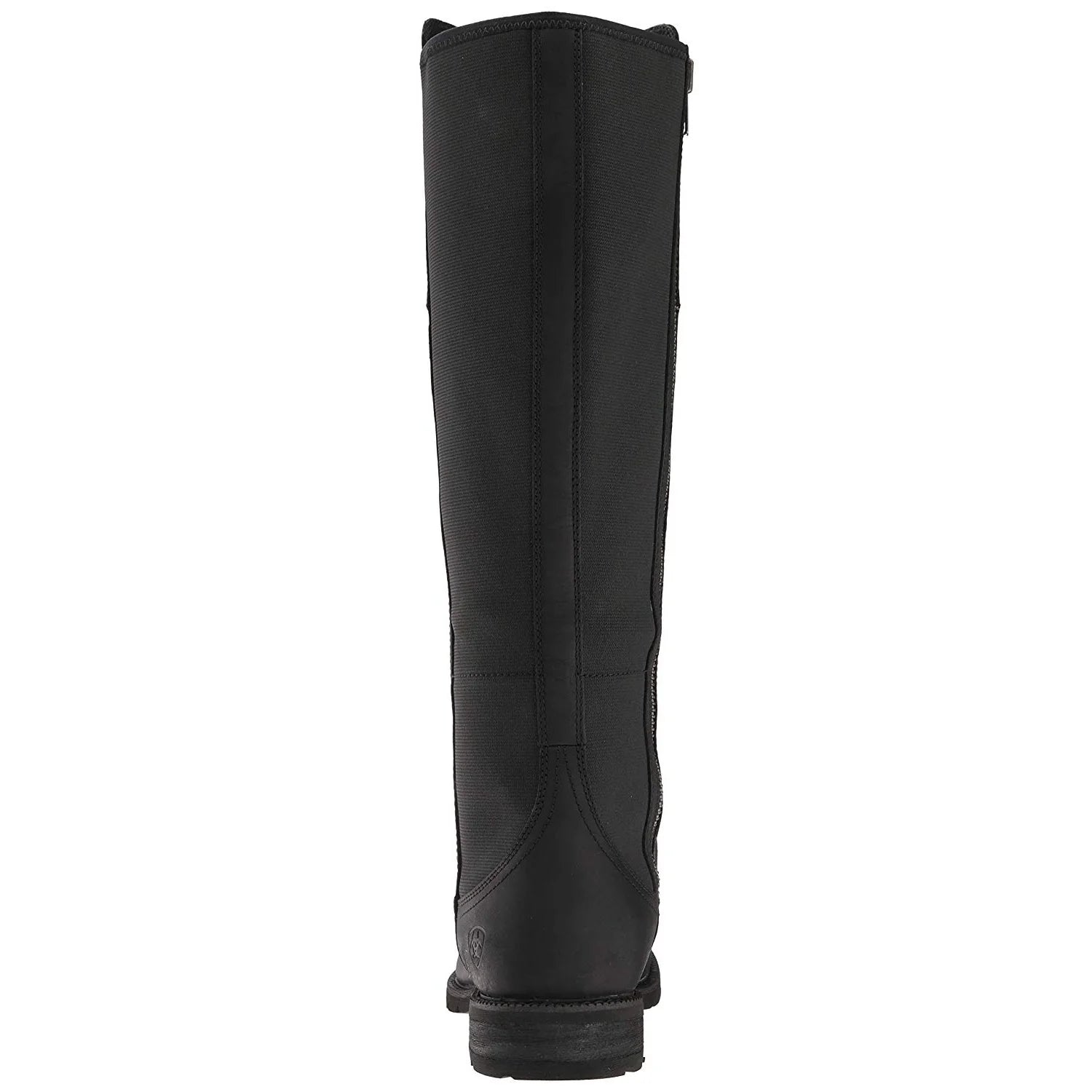 A single black knee-high leather boot shown from the back against a plain white background.
