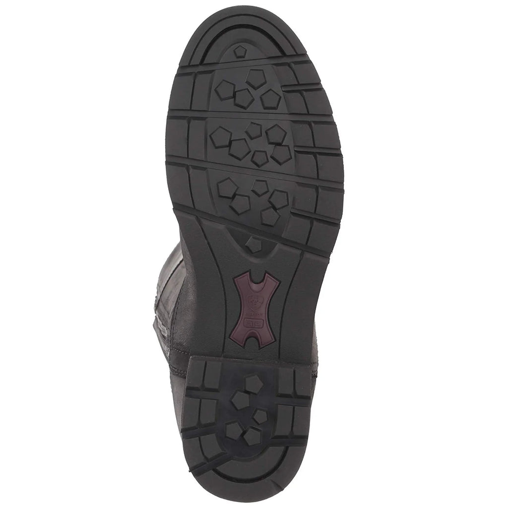 A top-down view of a black boot sole, showing its tread pattern and a small burgundy logo near the heel, set against a plain white background.