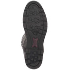A top-down view of a black boot sole, showing its tread pattern and a small burgundy logo near the heel, set against a plain white background.