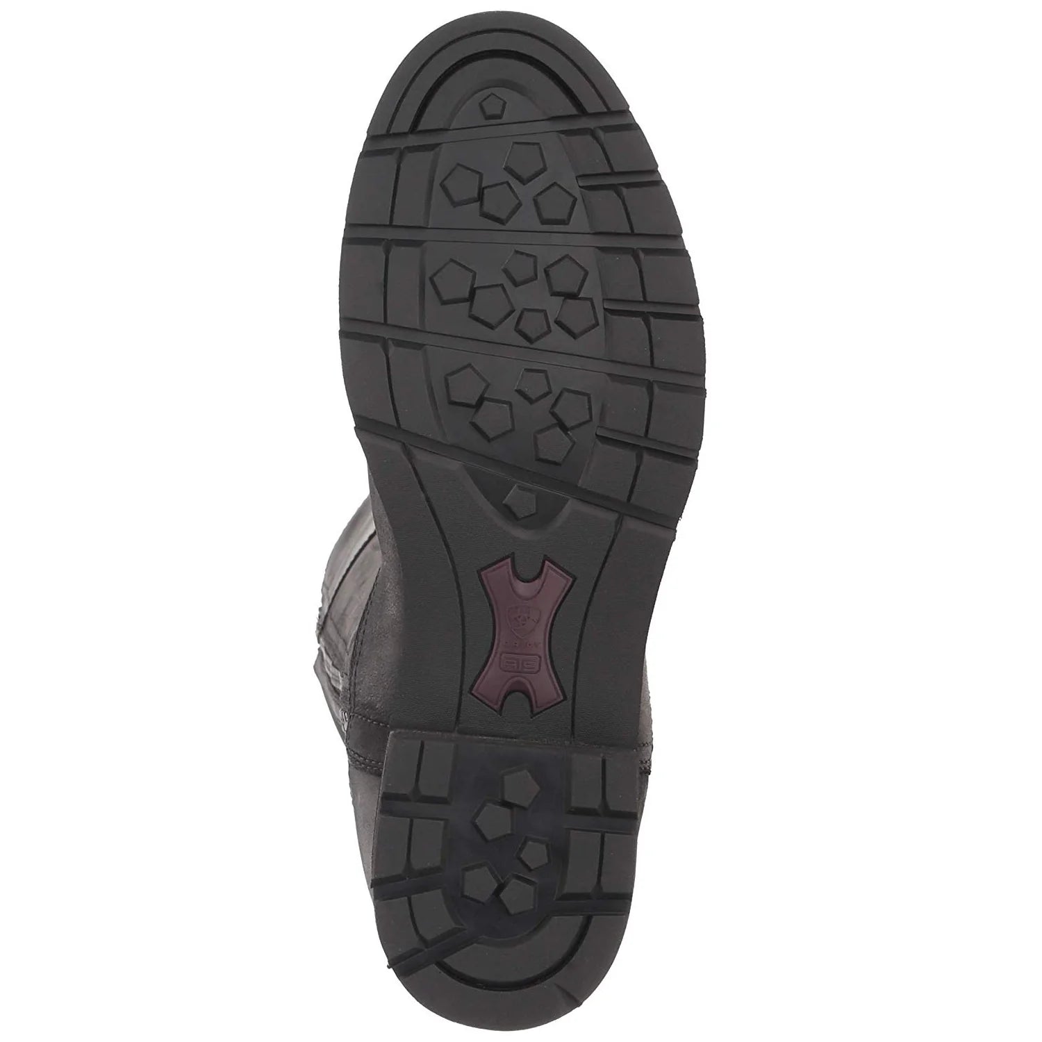 A top-down view of a black boot sole, showing its tread pattern and a small burgundy logo near the heel, set against a plain white background.