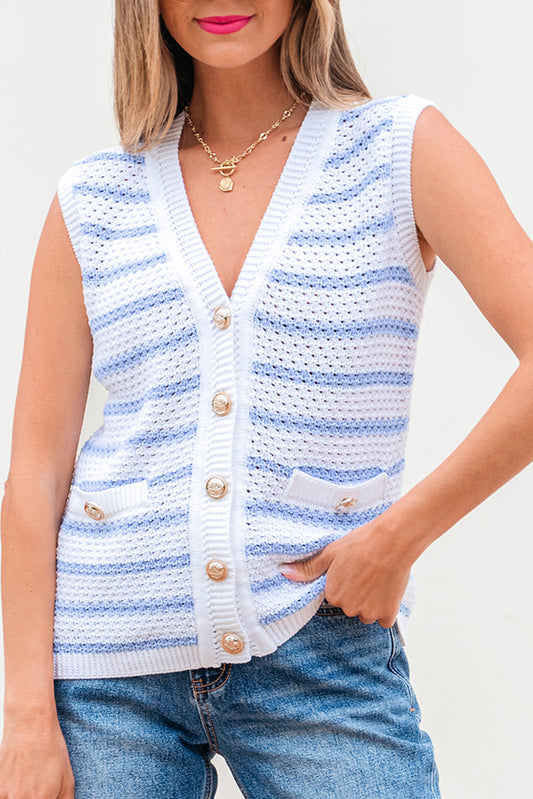 Blue Stripe V Neck Gold Buttons Sweater Vest