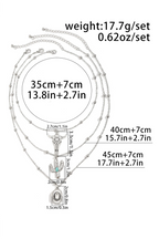 Measurement chart of a set of necklaces with dimensions and weight on a white background