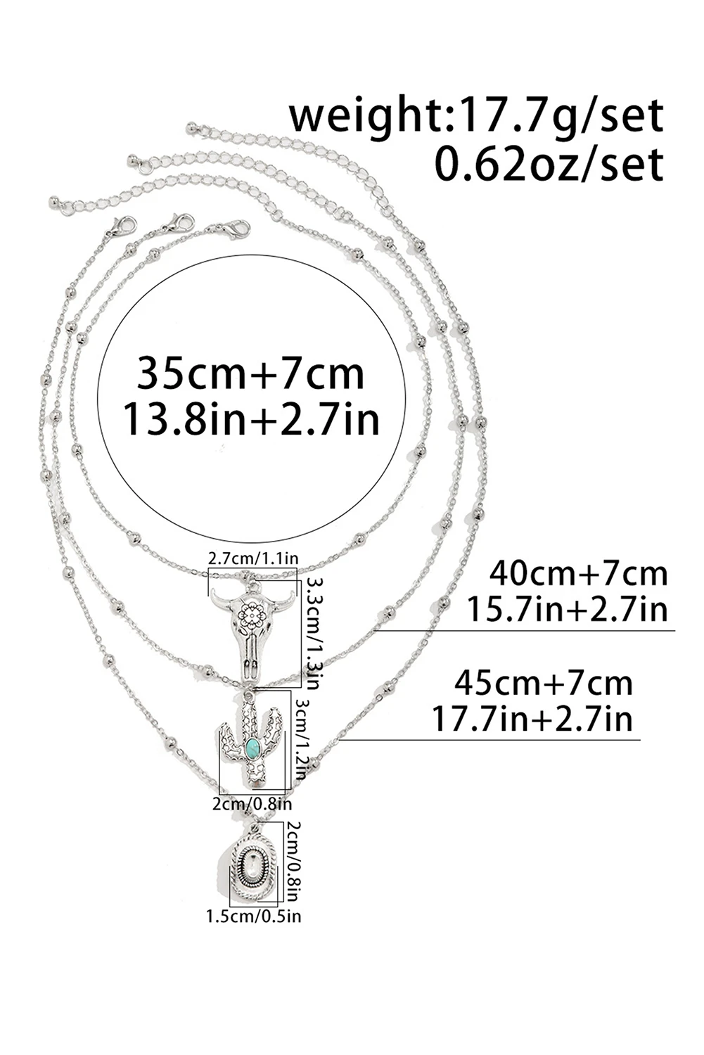 Measurement chart of a set of necklaces with dimensions and weight on a white background