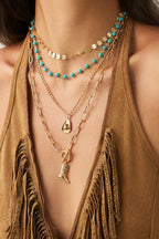 Necklace with turquoise beads and gold chain on a person wearing a brown top.
