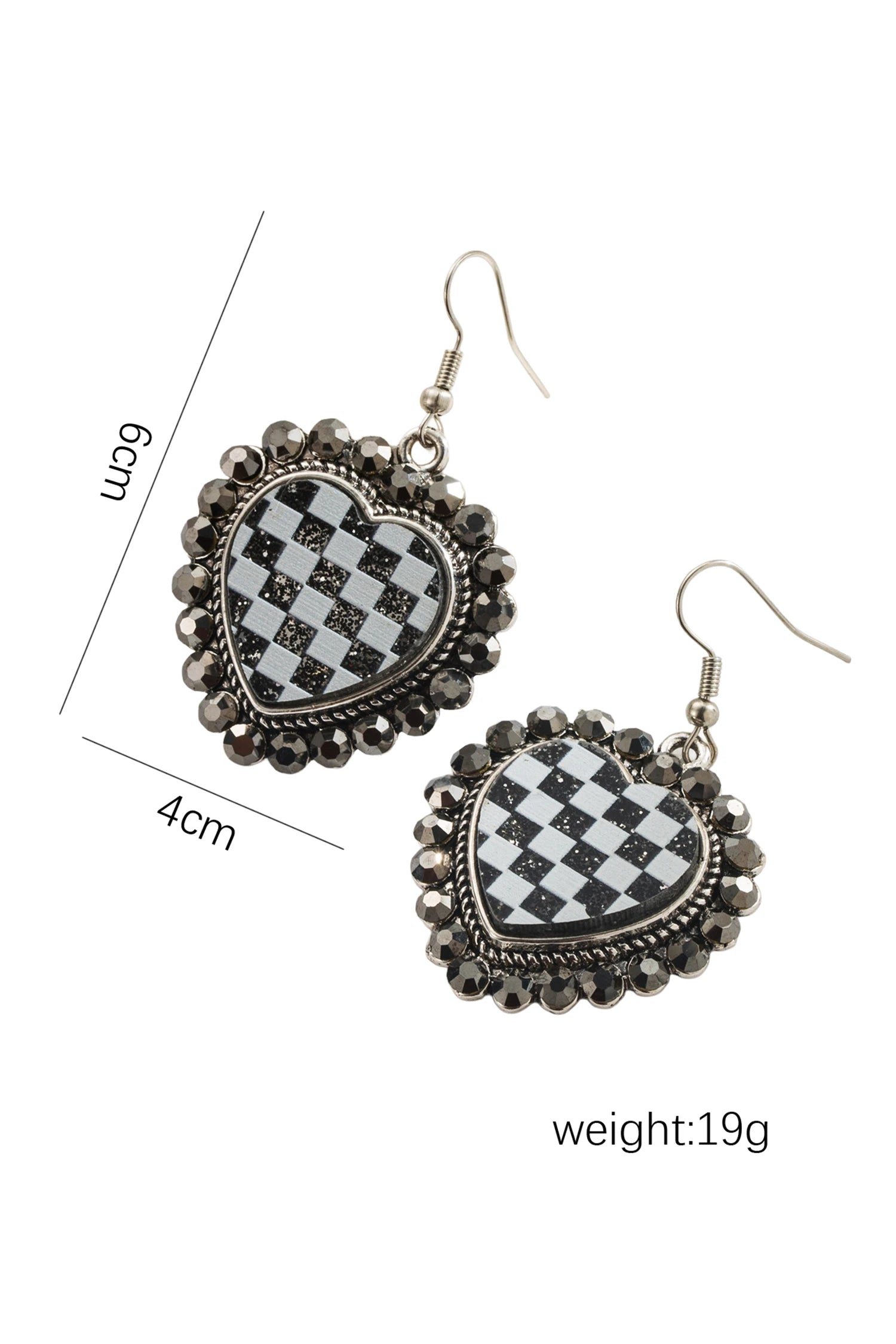 Pair of earrings with checkered design and measurements on a white background