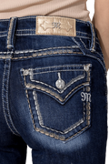 The 5-pocket design features rhinestone and metallic thread accents, giving these jeans a glamorous and chic feel.