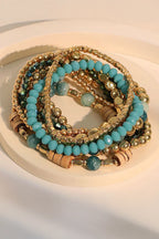 Stack of turquoise beaded bracelets on a white surface