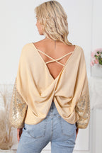 Sequin Sleeve Open Back Waffle Knit Top