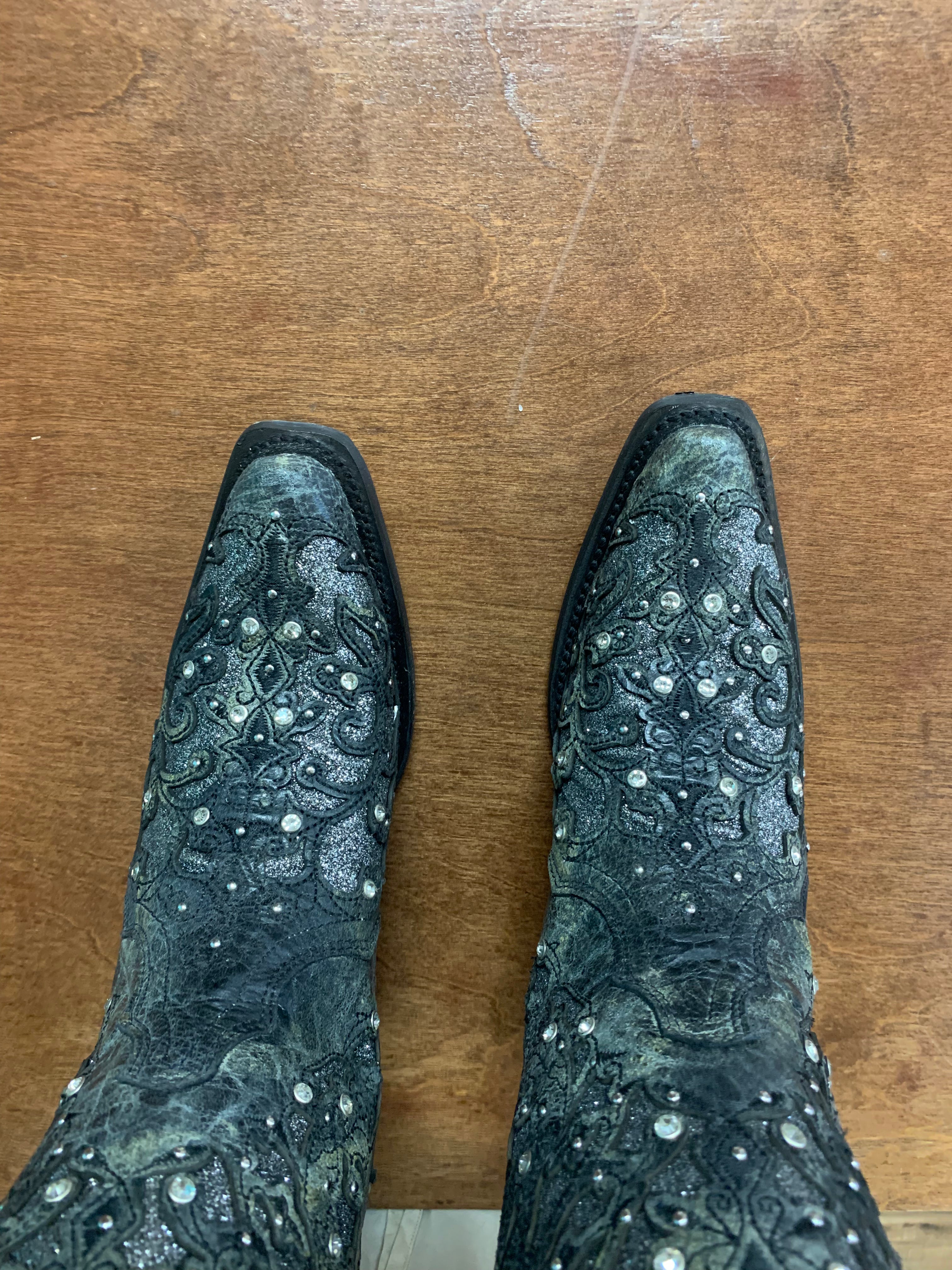 CORRAL LADIES GREY GLITTER INLAY/CRYSTALS SNIPED TOE BOOT STYLE A3672 - Boot N Shoot