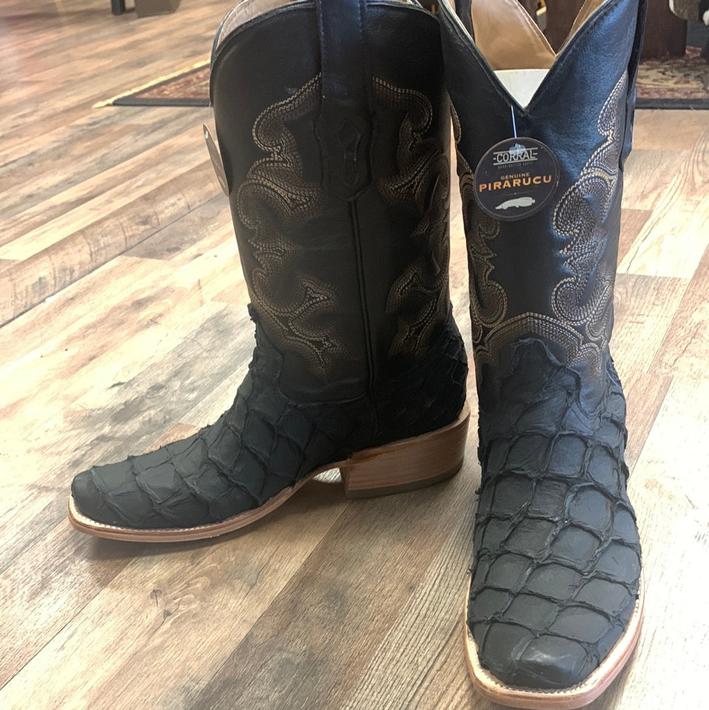 Corral Men's Black Pirarucu Embroidery Horseman Toe Western Cowboy Boots A4339