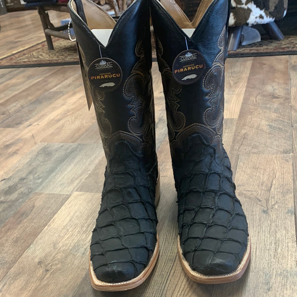 Corral Men's Black Pirarucu Embroidery Horseman Toe Western Cowboy Boots A4339